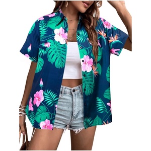 Camisa hawaiana estampada Soft Cool Summer Hawaii Camisas Floral Tropic Print V Cuello Camiseta Manga corta Button Up Tops - Product Image 2