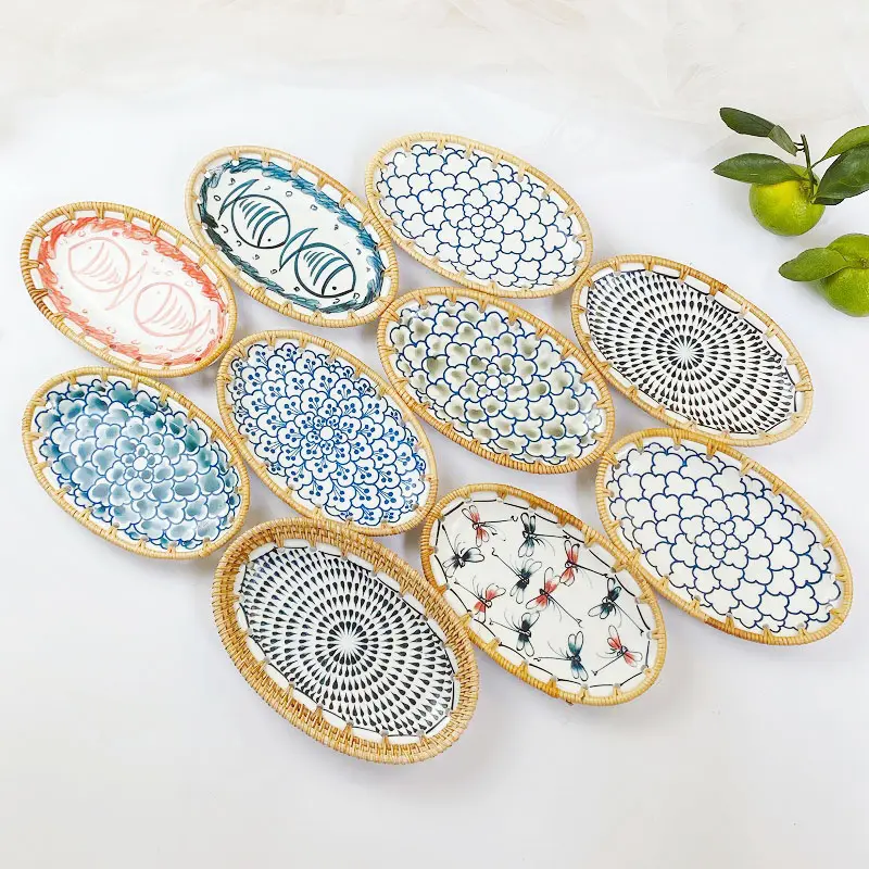 Oval Shape Rattan Ceramics Cake Dish Plate For Wedding Party Wholesale Ceramic Dessert Fruit Tray