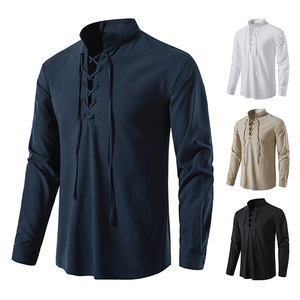 <span class=keywords><strong>Camicia</strong></span> Casual da Uomo in Cotone e Lino a Maniche Lunghe, Stile Vintage Primavera-Autunno, Taglia USA, <span class=keywords><strong>Collo</strong></span> con Cordoncino - Product Image 3