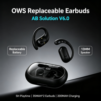 Écouteurs sans fil OWS Bluetooth 6.0 à oreille ouverte avec haut-parleur de 13 mm, chargement Type C et batterie amovible, avec crochet d'oreille