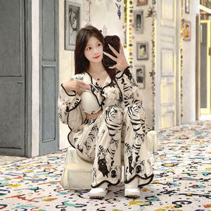 Pyjama tout-en-un en coton pour femme, cardigan à manches longues, motif chat de dessin animé, tissu tricoté respirant, style décontracté, taille XS, tenue d'automne - Product Image 2