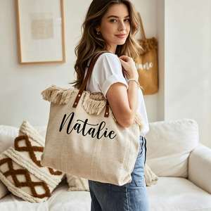 Sac fourre-tout personnalisé pour demoiselle d'honneur avec broderie de nom sur mesure, sac de plage en toile bohème à franges avec garniture en cuir végétalien - Product Image 3