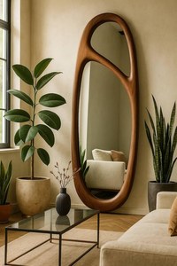 Miroir mural décoratif asymétrique, design personnalisé, écologique, compact, léger, cadre en bois Art Déco fait main, pleine longueur - Product Image 3