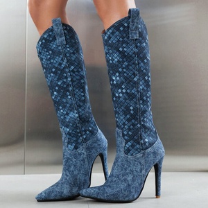 Retro Large Size 47 Women's <b>Knee</b>-<b>high</b> Thin Heel Knight Boots Pointed Toe on Denim Fabric Booties Wide Fit Shoes - Product Image 1
