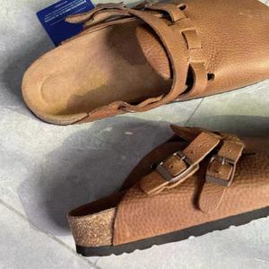 Sandali Estivi da Donna in Vera Pelle Marrone Oleata con Doppio Cinturino e Suola in Sughero, Scarpe Basse Unisex - Product Image 6