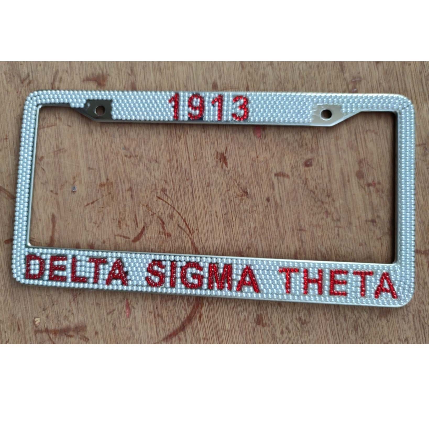 Handmade Stainless Steel USA Bling Custom Rhinestones Delta Sigma Greek Letter Sorority Pearl License Car Plate Frame