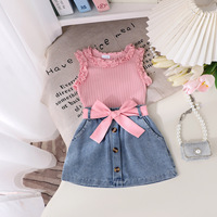 Conjunto de Ropa de Verano para Niña 4T, Chaleco de Algodón de Color Sólido con Encaje y Falda Vaquera, Nuevo Modelo de Comercio Exterior Transfronterizo