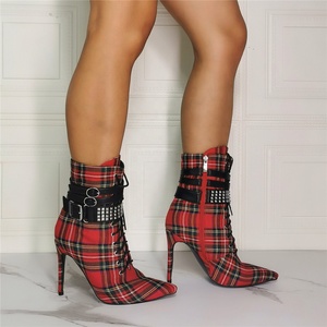 Big Size 47 New Arrivals Plaid Pattern Ankle Buckle Strap Pointed Toe Women Ankle <b>Boots</b> Thin High Heel Short Booties for Ladies - Product Image 3