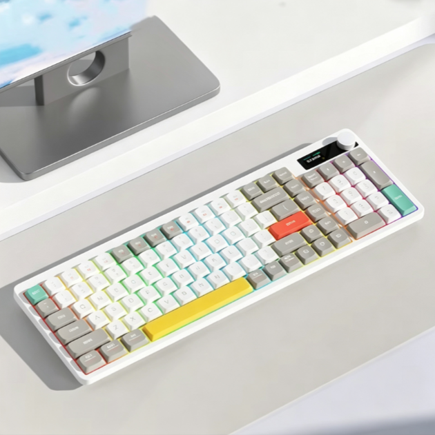 YK100 Low Profile Gateron Mechanical Keyboard Three Mode Wireless RGB USB New 101Key Compact Office Game HD Display Girl Holiday