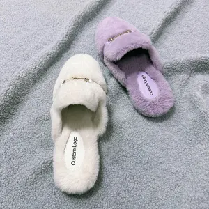 Custom Women's Winter Chain Cream Mules Fluffy Loafers Flats Slides Luxurious Faux Mink Fur Slippers