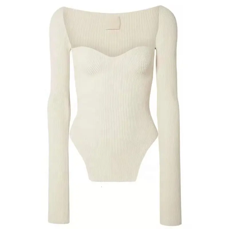 Knitwear manufacturers design spring autumn white square necked long sleeved women's ribbed knitted sweaters