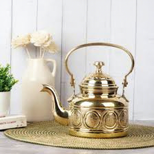 Vintage Brass Tea Kettle With <b>Lid</b> Metal Handle Water <b>Pot</b> Decorative Kitchenware - Product Image 1
