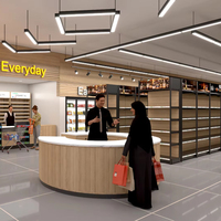 Ensemble complet d'agencements de magasin avec rayonnages gondoles, présentoirs et comptoirs de caisse