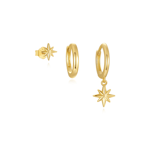 Pendientes de Aro con Estrella de Ocho Puntas, Geométricos, con Perlas y Circonitas, Chapados en Oro de 18k - Product Image 5