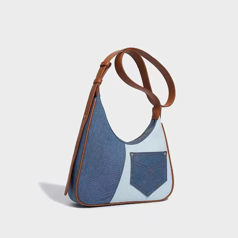 Factory Fashionable Leather Blue Denim Classic Ladies Tote bag Large Capacity Fabric Women Handbag