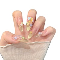 Kuku Akrilik Forest Sweet Girl Warna Nude Pink Hijau Emas Cat Eye Gradient 3D Jamur Bunga Warna-warni Glitter Panjang Bentuk Almond