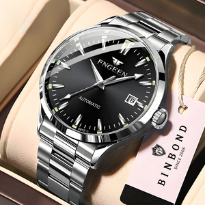 FNGEEN Automatic Mechanical Watch Men Stainless Steel Band Black Dial Date Display 30M Waterproof Silver Case - Product Image 1