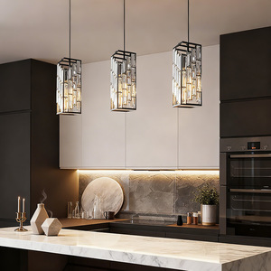 Lámpara colgante de cristal rectangular negra E27 LED con interruptor, fácil instalación para cocina, sala de estar, dormitorio, hotel - Product Image 1