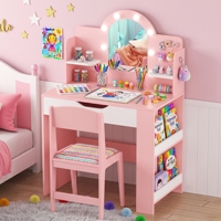 Ensemble de coiffeuse pour enfants en bois avec miroir à LED, table de maquillage pour tout-petits, plateau amovible, armoire de rangement cachée et 2 portes