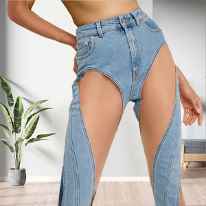 กางเกงยีนส์ทรงตรงกลวงออกกางเกงเซ็กซี่สีทึบ - Product Image 3