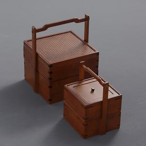 Caja de comida de bambú de doble capa estilo antiguo, cesta de bambú portátil para picnic y aperitivos, caja de comida estilo folclórico para hotel, para cine y - Product Image 1