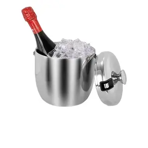 Portable Round Double-Deck Stainless Steel Ice Bucket With Lid Polished Finishing For Red Wine Storage In Hotels