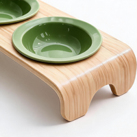 Support surélevé portable en bois massif pour gamelles de chat, double gamelle en céramique verte pour animaux de compagnie, plats surélevés en bois courbé pour nourriture et eau pour chiens, vente en gros