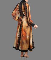 Robe Abaya Modeste Musulmane à Imprimé Dégradé en Dentelle et Mousseline, Longue Robe Maxi avec Ceinture et Manches Bouffantes, Robe de Soirée pour l'Aïd pour Femmes