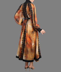 Vestido Abaya Musulmán Modesto <span class=keywords><strong>con</strong></span> Estampado Degradado, <span class=keywords><strong>Encaje</strong></span> <span class=keywords><strong>y</strong></span> Chifón, Vestido Largo Maxi <span class=keywords><strong>con</strong></span> Cinturón <span class=keywords><strong>y</strong></span> Mangas Abullonadas, Traje de Noche para Fiesta de Eid para Mujer - Product Image 5