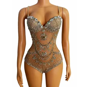 Monos Mujer 2022 See Through Mesh Rhinestone Bodysuit Party Club Pole Dance Leotard Corset Jumpsuit Sexy Jumpsuits For Women