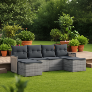 Ensemble de canapés de jardin en rotin gris avec pieds réglables, 4 places, mobilier d'extérieur, design contemporain, panneau en teck - Product Image 2