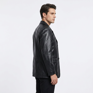 Men's Genuine <b>Leather</b> <b>Blazer</b> Notched Lapel Single Breasted Regular Fit Black Outerwear - Product Image 4
