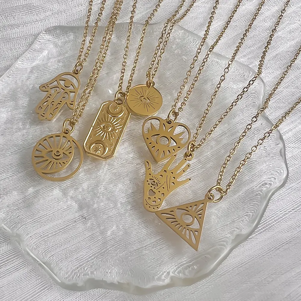 Kalung liontin hati Iblis Turki, berlapis emas 18K baja tahan karat Fatima Hamsa jimat tangan