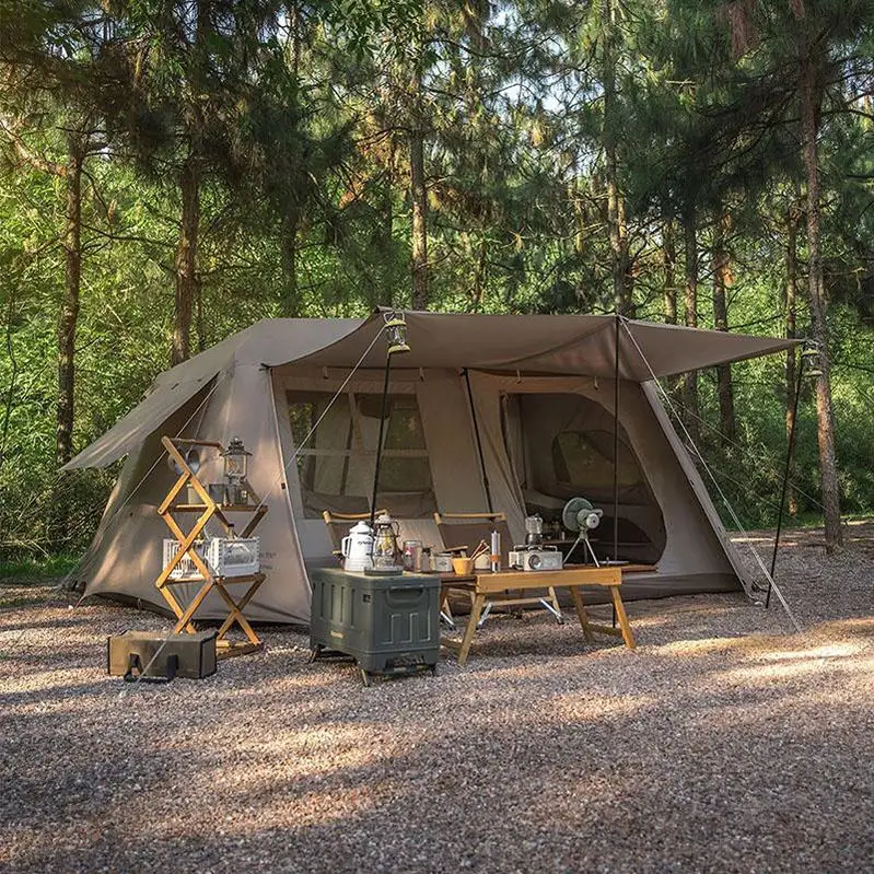 Tenda de família de acampamento ao ar livre, aldeia 13 barraca automática com atmosfera luz tira