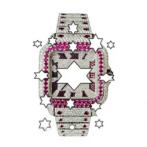 Nouvelle conception, montre mécanique de luxe faite à la main en acier inoxydable, boîtier carré, verre saphir, analogique, bouton poussoir, fermoir caché, moissanite rose - Product Image 1