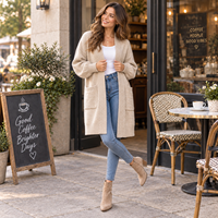 Vente en gros de pulls longs personnalisés pour femmes, cardigan ouvert sur le devant, surdimensionné, en tricot, avec poches, automne-hiver, OEM ODM, tricotage