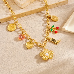 Fashionable Gold Plated Charm <b>Necklace</b> With Flower Pearl <b>Cherry</b> Blossom Fruit Pendant Stainless Steel Gift Jewelry - Product Image 2