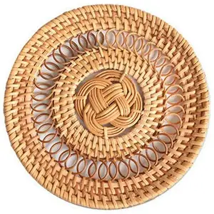 OEM S/3 Rattan Mat Wicker Bamboo Decor Coasters Handmade Woven Boho Coasters Rattan Small Placemat Natural Braided Retro Cup Mat