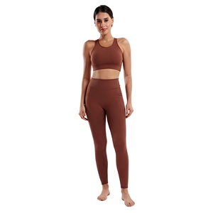 2 Piece Yoga Set High Waist <b>Leggings</b> Scoop Neck Racerback Sports Bra Seamless Solid <b>Brown</b> Full Length Workout Wear - Product Image 1