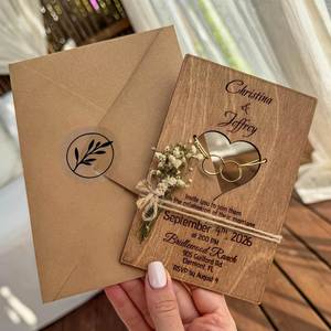 Invitations en bois gravées au laser, cartes d'invitation personnalisables DIY, enveloppes, décoration de fête de mariage - Product Image 3