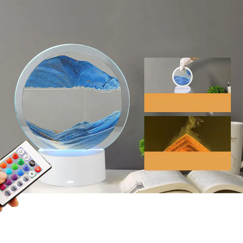 LED Quicksand Painting Table Lamp 3D Round Hourglass Sandscape Flowing Sand Art Quick Sand Lamp RGB Remote Control Home Decor