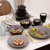 Service de table en grès gris-bleu de luxe et durable, 56 pièces pour 7 personnes, avec tasses à café incluses, compatible lave-vaisselle, four et micro-ondes