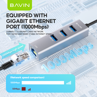 BAVIN Otg53 paduan Aluminium TPE 4 Port USB3.0 LAN RJ45 jaringan 1000mbps Data Hub Gigabit Ethernet Adapter untuk Laptop tablet
