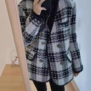 Women's Tweed Coat Black And White Checkered Medium Thickness Woven Fabric Autumn Winter Casual Loose Fit - Product Image 3