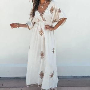 Robe en lin et coton tendance, décontractée, col en V, dentelle, manches courtes, mi-longue, robe d'été pour femmes - Product Image 1
