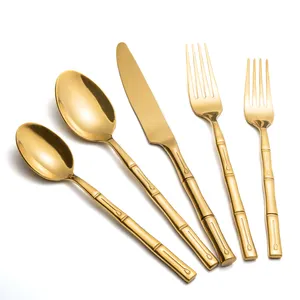 Set Wholesale Luxury Gold Hand Forged Stainless Steel Flatware Gold Bamboo Wedding Cutlery Set