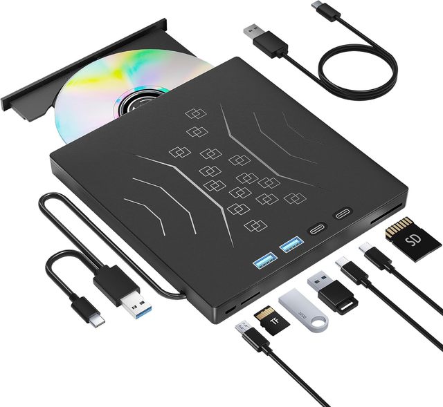 7-in-1 External DVD Burner USB 3.0 & Type-C Portable CD/DVD Drive 24x CD 8x DVD Writer for Laptop Desktop PC Mac Windows Linux