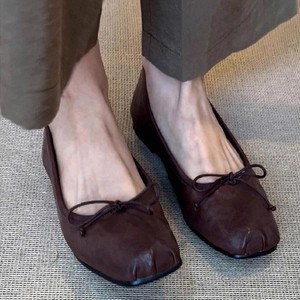 Zapatos Planos de Ballet de Cuero Genuino con Punta Cuadrada, Suela de Goma Suave, Decoración de Lazo, para Mujer, Todas las Temporadas - Product Image 1
