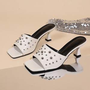Women Metal Stud Decor Mule <b>Sandals</b> Square Toe Unique Kitten Heel Slip‑On <b>Evening</b> Footwear - Product Image 3