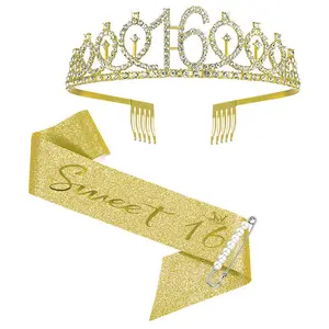Оптовая продажа, золотая корона для девочек на 16-й день рождения, набор с поясом, конкурс, Корона мисс мир, королева, украшение на день рождения для женщин